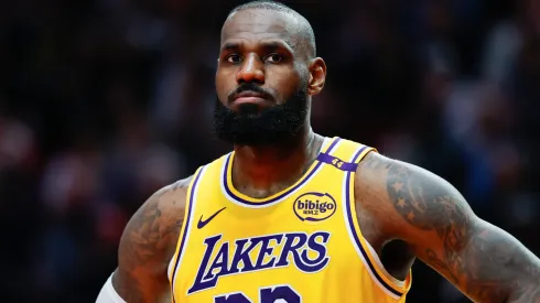 LeBron James #23 of the Los Angeles Lakers looks on during the second quarter against the Portland Trail Blazers.