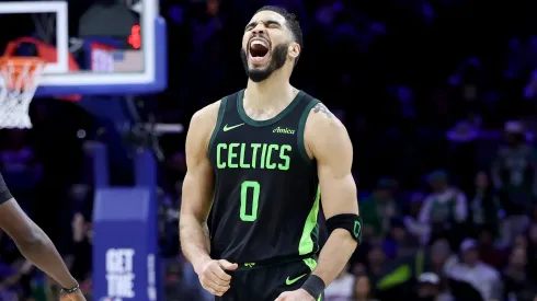 Jayson Tatum #0 of the Boston Celtics celebrates a basket during the second half against the Philadelphia 76ers at the Wells Fargo Center on February 02, 2025 in Philadelphia, Pennsylvania.