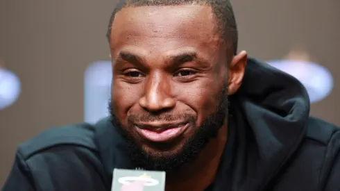 Andrew Wiggins of the Miami Heat speaks to media at Kaseya Center on February 09, 2025 in Miami, Florida.