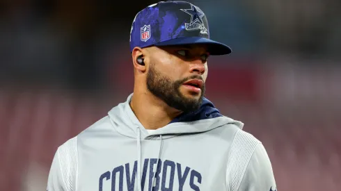 Dak Prescott #4 of the Dallas Cowboys warms up prior to a game against the Tampa Bay Buccaneers in the NFC Wild Card playoff game at Raymond James Stadium on January 16, 2023 in Tampa, Florida.