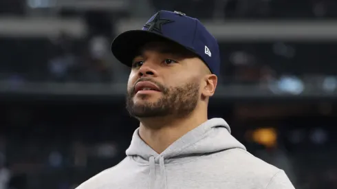 Dak Prescott #4 of the Dallas Cowboys looks on prior to the game against the Washington Commanders at AT&T Stadium on January 05, 2025 in Arlington, Texas.