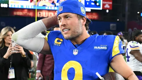 Matthew Stafford #9 of the Los Angeles Rams looks on after the game against the Minnesota Vikings during the NFC Wild Card Playoff at State Farm Stadium on January 13, 2025 in Glendale, Arizona.