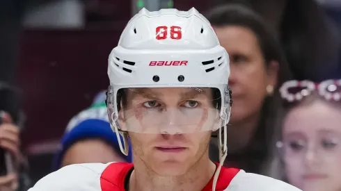 Patrick Kane #88 of the Detroit Red Wings looks on during warmup prior to their NHL game against the Vancouver Canucks at Rogers Arena on February 2, 2025 in Vancouver, British Columbia, Canada.