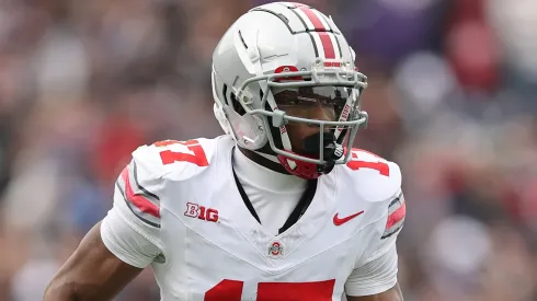 Carnell Tate #17 of the Ohio State Buckeyes in action against the Northwestern Wildcats during the first half at Wrigley Field on November 16, 2024 in Chicago, Illinois.