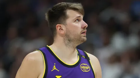 Luka Doncic #77 of the Los Angeles Lakers plays the Denver Nuggets in the fourth quarter at Ball Arena on February 22, 2025 in Denver, Colorado.
