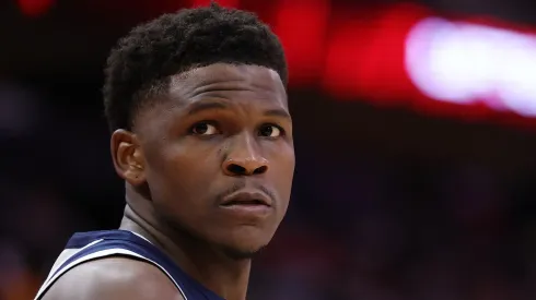 Anthony Edwards #5 of the Minnesota Timberwolves looks on against the Houston Rockets during the second half at Toyota Center.