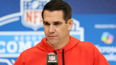 General manager Joe Schoen of the New York Giants speaks to the media during the NFL Scouting Combine at the Indiana Convention Center on February 25, 2025 in Indianapolis, Indiana.