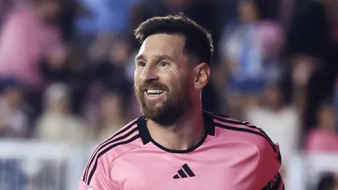 Lionel Messi #10 of Inter Miami celebrates scoring his third goal during the second half against the New England Revolution