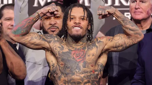 WBA lightweight champion Gervonta Davis poses on the scale during an official weigh-in at MGM Grand Garden Arena on June 14, 2024 in Las Vegas, Nevada. Davis is scheduled to defend his title against Frank Martin at the arena on June 15, 2024.