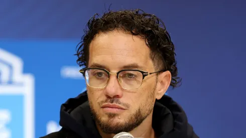 Head coach Mike McDaniel of the Miami Dolphins speaks to the media during the NFL Scouting Combine at the Indiana Convention Center on February 25, 2025 in Indianapolis, Indiana.