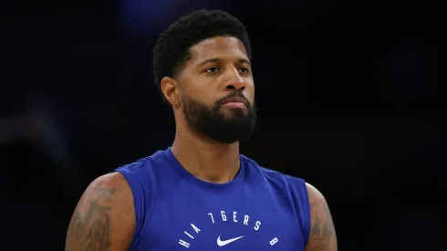 Paul George of the Philadelphia 76ers during warm up before the game against the Los Angeles Lakers on November 08, 2024.