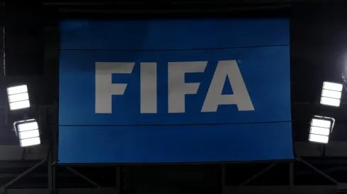 View of the FIFA logo on a flag during the FIFA World Cup Qatar 2022 Group F match between Canada and Morocco.