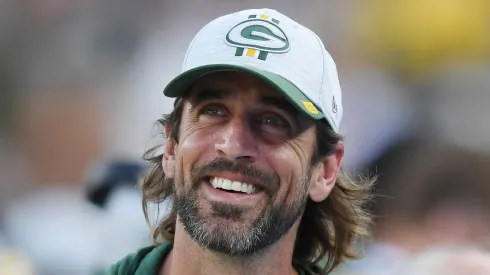 Aaron Rodgers #12 of the Green Bay Packers looks on in the second half against the New York Jets during a preseason game at Lambeau Field on August 21, 2021 in Green Bay, Wisconsin.
