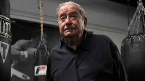 Top Rank Founder and CEO Bob Arum looks on during a media workout for Teofimo Lopez at the City Athletic Boxing Gym on November 04, 2021 in Las Vegas, Nevada.