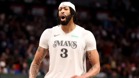 Anthony Davis #3 of the Dallas Mavericks reacts after a basket during the third quarter against the Houston Rockets.