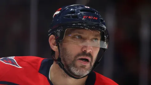 Alex Ovechkin #8 of the Washington Capitals skates against the Calgary Flames at Capital One Arena on February 25, 2025 in Washington, DC.