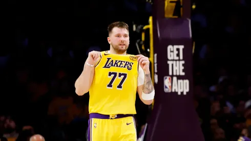 Luka Doncic #77 and LeBron James #23 of the Los Angeles Lakers