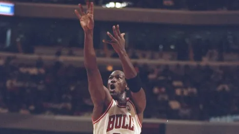Guard Michael Jordan of the Chicago Bulls shoots the ball during a game against the Washington Bullets