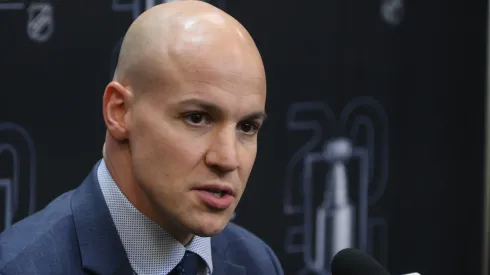 Head coach Spencer Carbery of the Washington Capitals speaks with the media prior to Game One of the First Round of the 2024 Stanley Cup Playoffs against the New York Rangers at Madison Square Garden on April 21, 2024 in New York City.