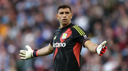 Emiliano Martinez of Aston Villa reacts during the Premier League match between Aston Villa FC and Everton FC at Villa Park on September 14, 2024 in Birmingham, England.