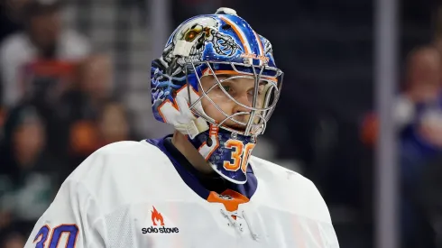 Ilya Sorokin #30 of the New York Islanders looks on during a game against the Philadelphia Flyers at the Wells Fargo Center on January 30, 2025 in Philadelphia, Pennsylvania.
