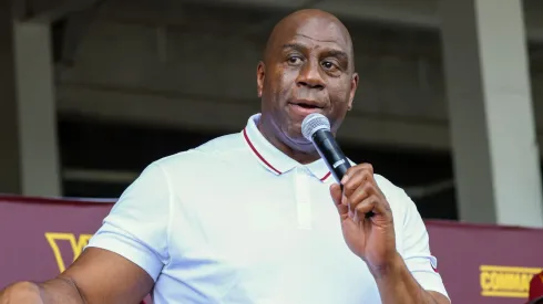 Earvin 'Magic' Johnson, a new owner of the Washington Commanders, delivers remarks during a press conference introducing the team's new ownership on July 21, 2023 in Landover, Maryland.