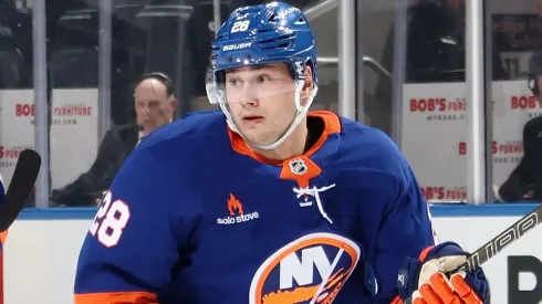 Alexander Romanov #28 of the New York Islanders skates against the New York Rangers at UBS Arena on February 25, 2025 in Elmont, New York.