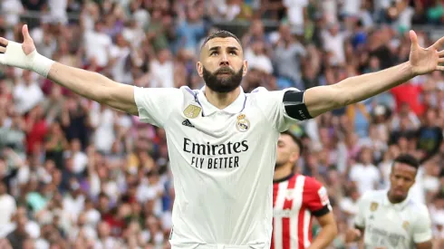 Karim Benzema of Real Madrid celebrates after scoring the team's first goal from a penalty kick during the LaLiga Santander match between Real Madrid CF and Athletic Club at Estadio Santiago Bernabeu on June 04, 2023 in Madrid, Spain.