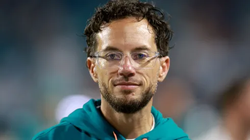 Head coach Mike McDaniel of the Miami Dolphins looks on prior to the game against the Buffalo Bills at Hard Rock Stadium on September 12, 2024.