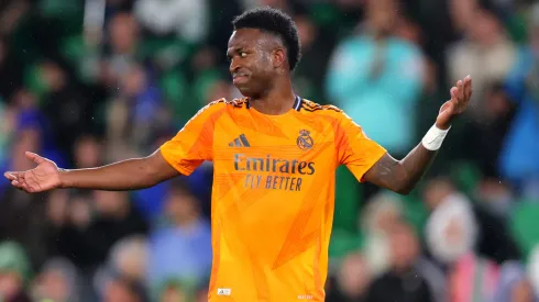 Vinicius Junior of Real Madrid reacts during the LaLiga match between Real Betis Balompie and Real Madrid CF at Estadio Benito Villamarin on March 01, 2025 in Seville, Spain.