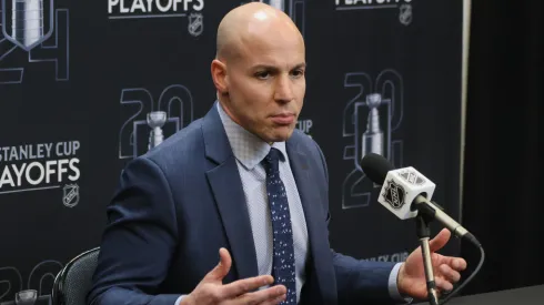 Head coach Spencer Carbery of the Washington Capitals speaks with the media prior to Game One of the First Round of the 2024 Stanley Cup Playoffs against the New York Rangers at Madison Square Garden on April 21, 2024 in New York City.