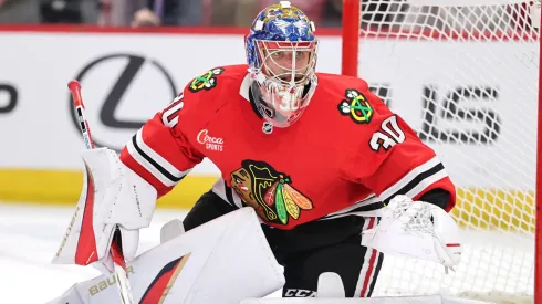 Spencer Knight #30 of the Chicago Blackhawks tends the net against the Los Angeles Kings during the third period at the United Center on March 03, 2025 in Chicago, Illinois.