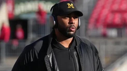 Head coach Sherrone Moore of the Michigan Wolverines looks on before the game against the Ohio State Buckeyes at Ohio Stadium on November 30, 2024 in Columbus, Ohio.