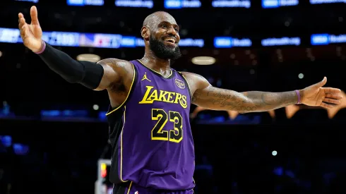 LeBron James #23 of the Los Angeles Lakers reacts during a 120-112 win against the Golden State Warriors in the second half at Crypto.com Arena on February 06, 2025 in Los Angeles, California.
