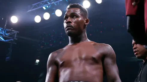 ermell Charlo (black trunks) looks on prior to a super middleweight title fight against Saul "Canelo" Alvarez of Mexico (purple/gold trunks) at T-Mobile Arena on September 30, 2023 in Las Vegas, Nevada.