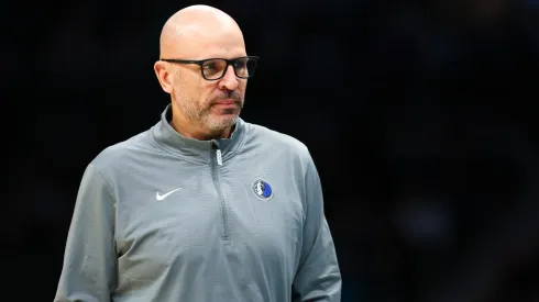 Head Coach Jason Kidd of the Dallas Mavericks looks on during the first half of a basketball game against the Charlotte Hornets at Spectrum Center.