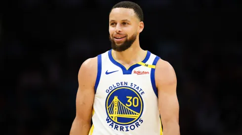 Stephen Curry #30 of the Golden State Warriors looks on during the first half of a basketball game against the Charlotte Hornets at Spectrum Center.