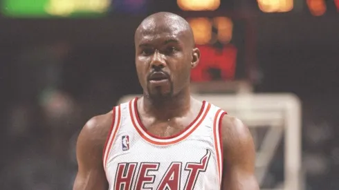 Guard Tim Hardaway of the Miami Heat stands on the court during a game against the Philadelphia 76ers