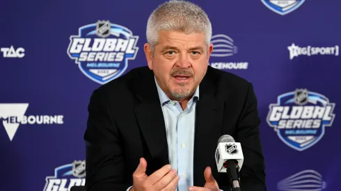 Head coach Todd McLellan speaks during a press conference following the NHL Global Series.
