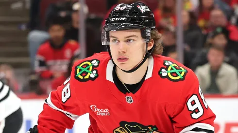 Connor Bedard #98 of the Chicago Blackhawks looks on against the Edmonton Oilers during the third period at the United Center on February 05, 2025 in Chicago, Illinois.