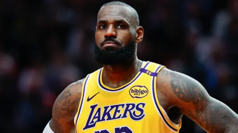 LeBron James #23 of the Los Angeles Lakers looks on during the second quarter against the Portland Trail Blazers at Moda Center on February 20, 2025. (Source: Alika Jenner/Getty Images)