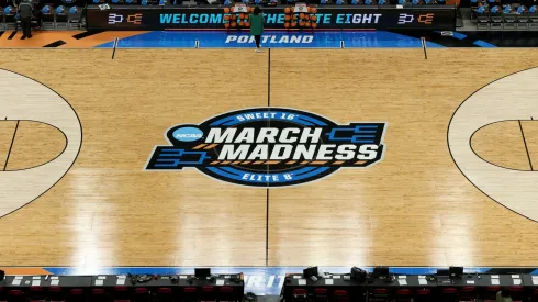 A general view of the two three-point lines and their different measurements is seen after the Elite 8 round of the NCAA Women's Basketball Tournament between NC State Wolfpack and Texas Longhorns.