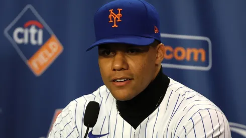 Juan Soto of the New York Mets looks on during his introductory press conference at Citi Field on December 12, 2024.