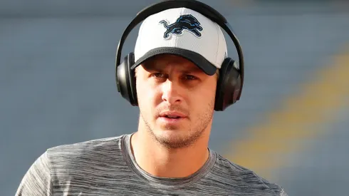 Jared Goff #16 of the Detroit Lions looks on during warm-ups before a game against the Green Bay Packers at Lambeau Field on September 20, 2021 in Green Bay, Wisconsin.