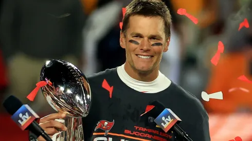Tom Brady #12 of the Tampa Bay Buccaneers hoists the Vince Lombardi Trophy after winning Super Bowl LV at Raymond James Stadium on February 07, 2021 in Tampa, Florida. The Buccaneers defeated the Chiefs 31-9.