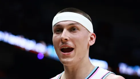 Tyler Herro #14 of the Miami Heat reacts against the Indiana Pacers during the first half at Kaseya Center