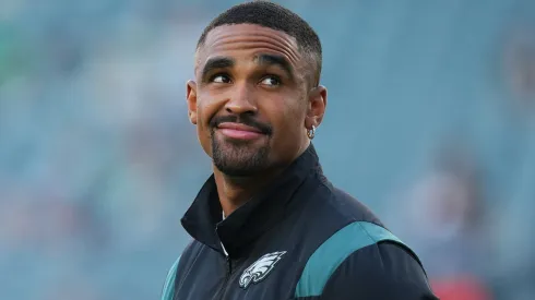Jalen Hurts #1 of the Philadelphia Eagles looks on prior to the preseason game against the Cleveland Browns at Lincoln Financial Field on August 17, 2023 in Philadelphia, Pennsylvania.