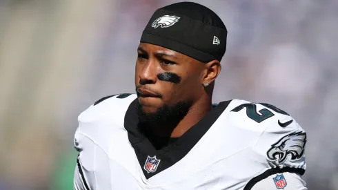 Saquon Barkley #26 of the Philadelphia Eagles looks on prior to the game against the New York Giants at MetLife Stadium on October 20, 2024 in East Rutherford, New Jersey.