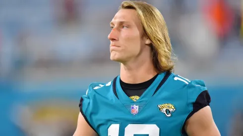 Trevor Lawrence #16 of the Jacksonville Jaguars looks on after a 23-13 preseason loss to the Cleveland Browns at TIAA Bank Field on August 14, 2021 in Jacksonville, Florida.