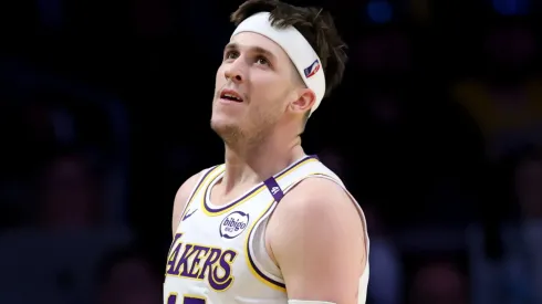 Austin Reaves #15 of the Los Angeles Lakers reacts after a Indiana Pacers foul during a 124-117 Lakers win at Crypto.com Arena on February 08, 2025 in Los Angeles, California.